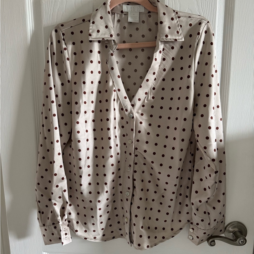 Beige Polka Dot Button-Front Blouse